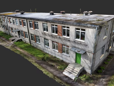 Garden Landscape Featuring Old Building Exterior Green Door Windows Steps And Grass Area 3d model