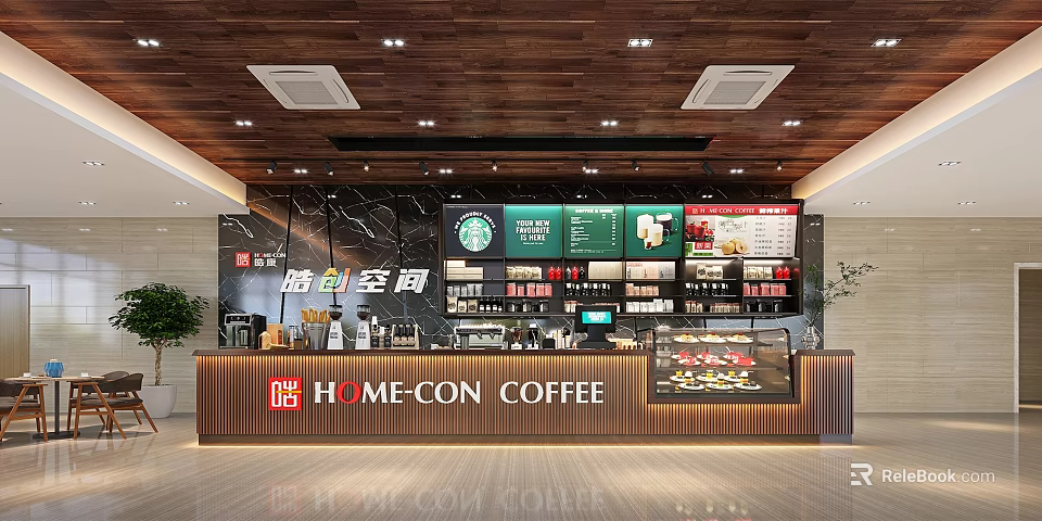Modern Café Interior With Wooden Ceiling And Bar Counter Menu Boards Design 3d model 