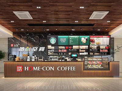 Modern Café Interior With Wooden Ceiling And Bar Counter Menu Boards Design 3d model