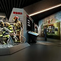 Modern Exhibition Hall With Curved Walls Large Screens Showing Fire Scene Trees And Oil Tank