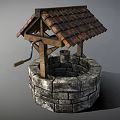 Public Well With Stone Circular Structure And Wooden Tiled Roof Hanging Bucket