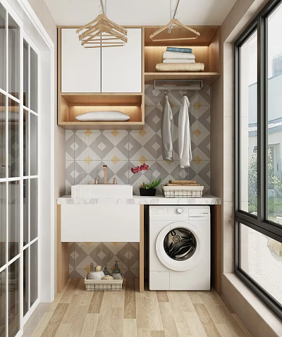Practical Bathroom Cabinet Setup With Sink Washing Machine And Tiled Wall Background 3d model