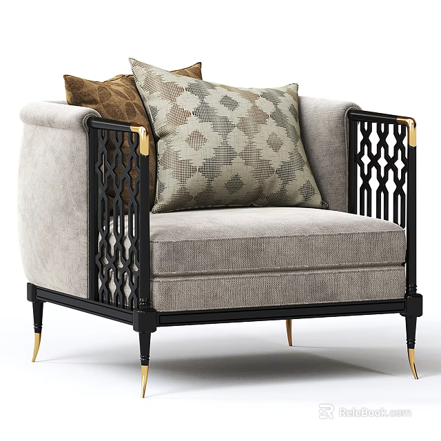 Light Gray Single Sofa With Black Armrests Gold Accents And Geometric Pattern Pillows 3d model