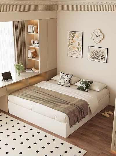 Cozy Minimalist Double Bed Interior With Desk Bookshelf Laptop Green Plant Wall Art And Pillows 3d model