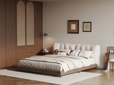Modern Bedroom Interior With Upholstered Headboard Wooden Wardrobe Woven Doors And Framed Paintings 3d model
