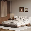 Modern Bedroom Interior With Upholstered Headboard Wooden Wardrobe Woven Doors And Framed Paintings
