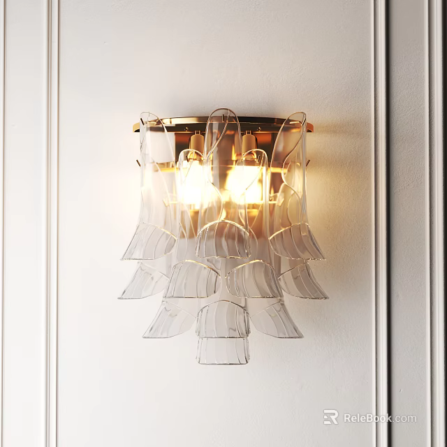 Modern Transparent Petal Design Wall Sconce With Gold Frame And Warm Lighting On White Wall 3d model 