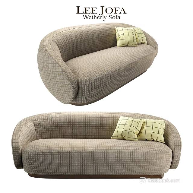 Curved Light Brown Plaid Fabric Sofa Set With Two Yellow Checkered Cushions 3d model