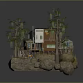 Miniature Scene With Model House Trees Rocks And Mixed Material Structure On Rock Base