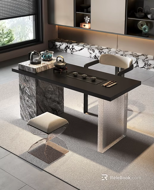 Tea Room Interior Featuring Black Tea Table Marble Legs Tea Sets Chair Stool and Window 3d model