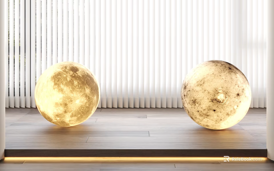 Modern Moon Shaped Table Lamp Illuminated On Wooden Table With White Blinds 3d model 