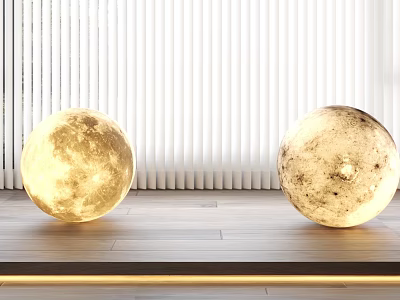 Modern Moon Shaped Table Lamp Illuminated On Wooden Table With White Blinds 3d model