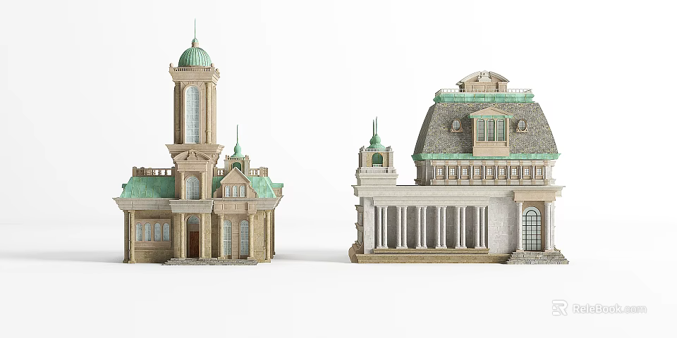 European Style Architecture With Green Domes Towers Gray Roofs And White Columns 3d model 
