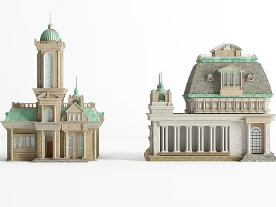 European Style Architecture With Green Domes Towers Gray Roofs And White Columns 3d model