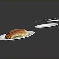 White Plates Arranged in Sequence with Croissant on Gray Background