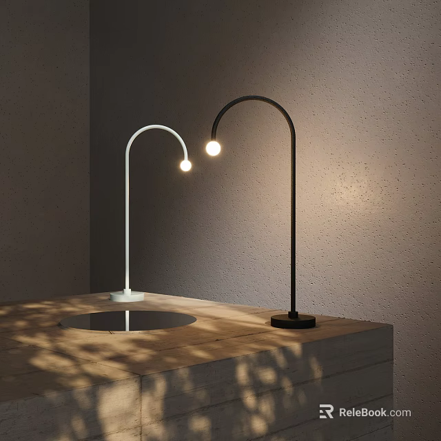 Modern Curved Table Lamps White Black Round Bulb On Wooden Table Gray Wall Soft Shadows 3d model 