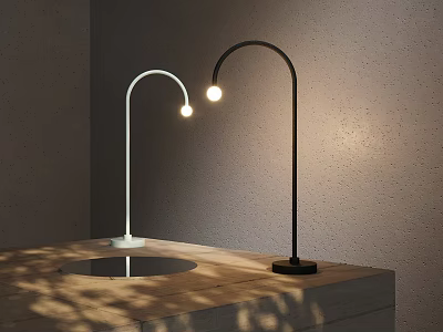 Modern Curved Table Lamps White Black Round Bulb On Wooden Table Gray Wall Soft Shadows 3d model