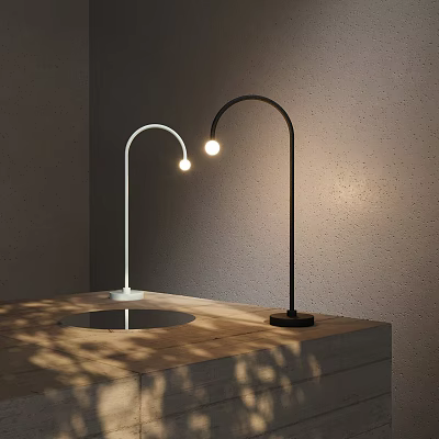 Modern Curved Table Lamps White Black Round Bulb On Wooden Table Gray Wall Soft Shadows 3d model