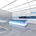 Modern Exhibition Hall Space With Blue Lit Counter Glass Railing Stairs And White Walls