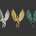 Three Colorful Pegasus Sculptures Displayed in White Golden and Green Hues