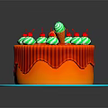 Orange Cake With Red Icing Green White Candy Balls Cherries And Ice Cream Decoration