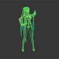 Anime Female Character In Green Black Outfit With Twin Ponytails Making Peace Sign