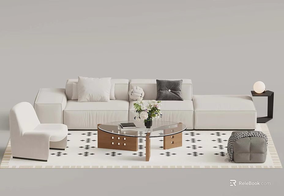 Modern Living Room Interior With White L Shaped Sofa And Glass Coffee Table 3d model 