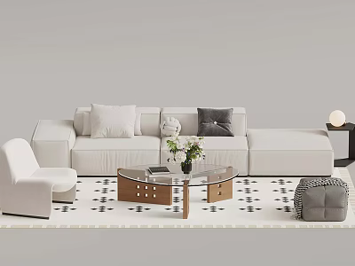 Modern Living Room Interior With White L Shaped Sofa And Glass Coffee Table 3d model