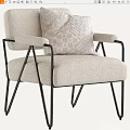 Modern Beige Fabric Accent Chair With Black Metal Frame And Geometric Pillow