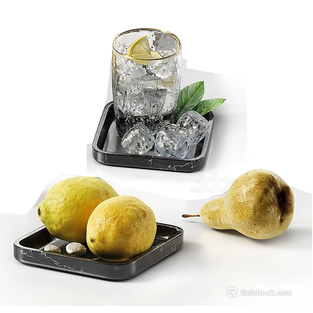 Fresh Lemons Pear and Ice Water with Mint on Black Trays 3d model 