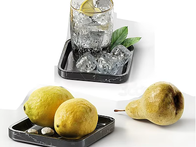 Fresh Lemons Pear and Ice Water with Mint on Black Trays 3d model