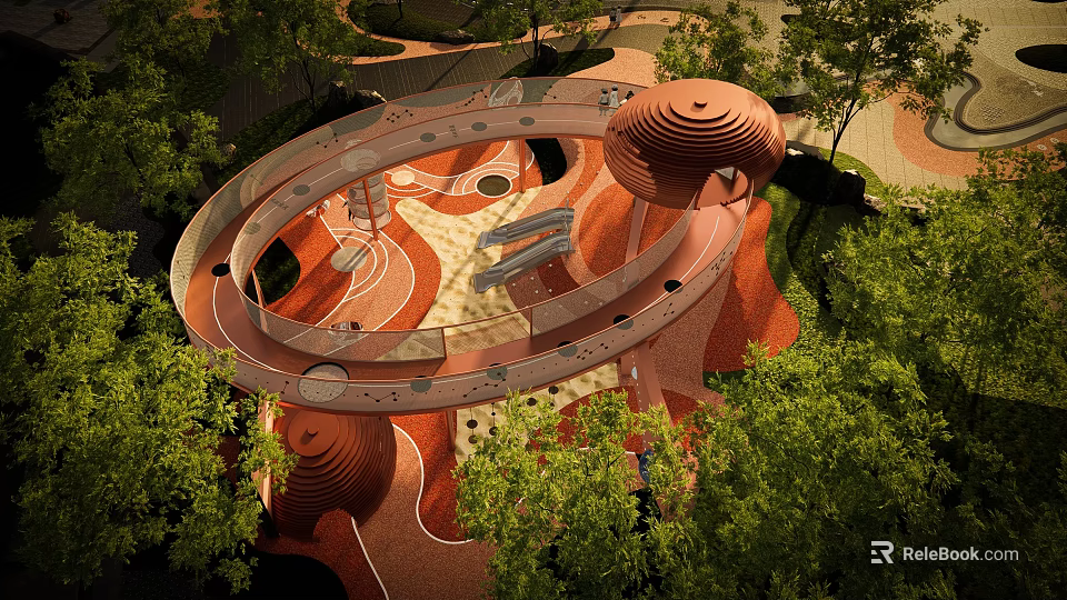 Creative Outdoor Kids Play Area With Circular Paths Round Towers And Green Trees 3d model 