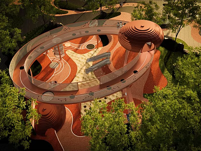 Creative Outdoor Kids Play Area With Circular Paths Round Towers And Green Trees 3d model