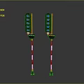 Two Traffic Lights With Black Body Red White Striped Poles Two Units One Showing Green Light