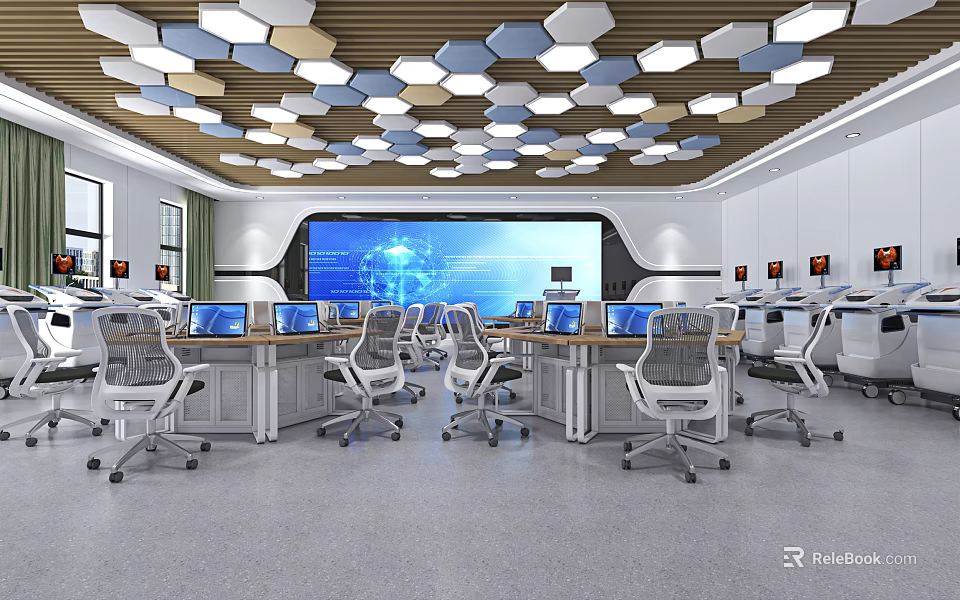 Modern Control Room Interior With Multiple Computer Workstations Large Digital Screen And Geometric Ceiling Design 3d model 