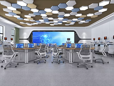 Modern Control Room Interior With Multiple Computer Workstations Large Digital Screen And Geometric Ceiling Design 3d model