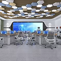 Modern Control Room Interior With Multiple Computer Workstations Large Digital Screen And Geometric Ceiling Design