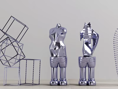 Modern Metallic Ornament Decoration Set With Abstract Figurine Sculptures And Geometric Frames 3d model
