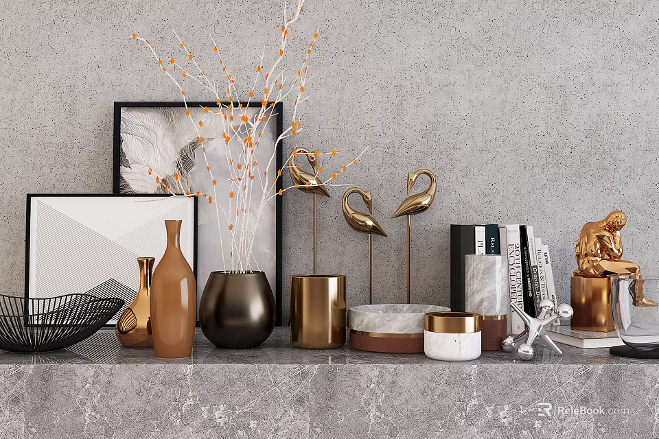 Stylish Decorative Ornament Set with Golden Swan Figurines Metallic Vases and Decorative Books 3d model 
