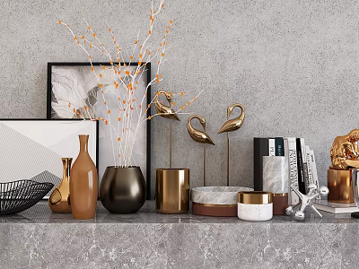 Stylish Decorative Ornament Set with Golden Swan Figurines Metallic Vases and Decorative Books 3d model