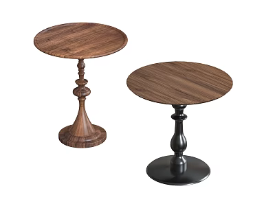 Two Circular Wooden Side Tables With Walnut Top And Decorative Pedestal Base 3d model