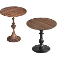 Two Circular Wooden Side Tables With Walnut Top And Decorative Pedestal Base