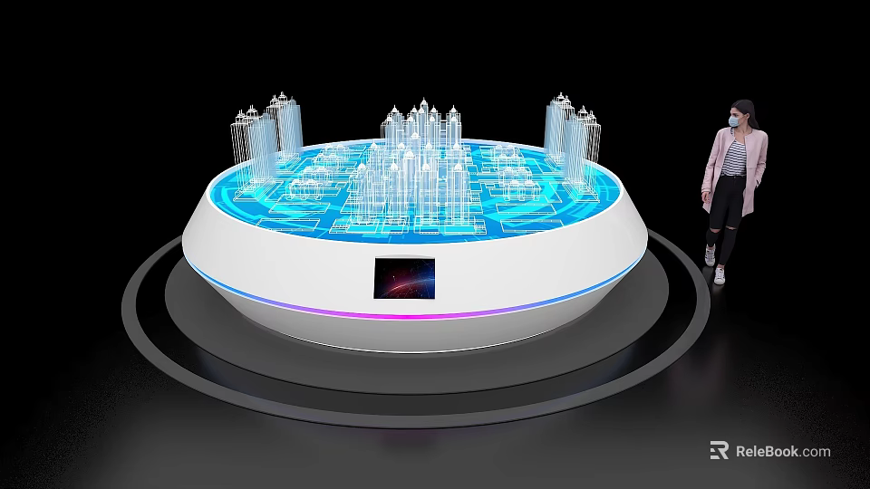 Circular Island Counter With Blue Glowing City Model Tall Building Displays And Person Standing 3d model 