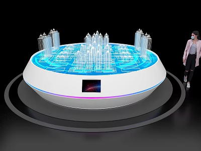 Circular Island Counter With Blue Glowing City Model Tall Building Displays And Person Standing 3d model