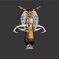 Fantasy Horned Creature Characters With White Long Hair Yellow Brown Outfits Holding Items