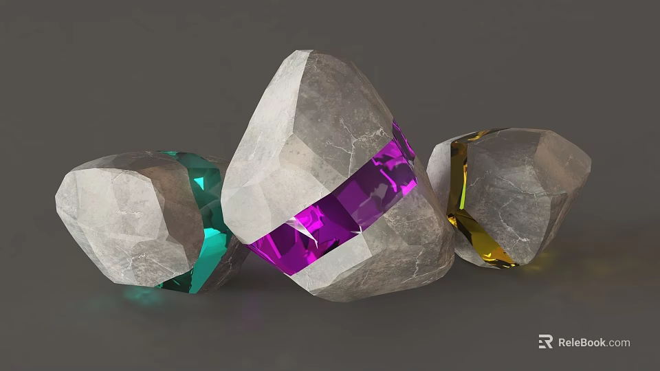 Natural Stone and Wood Pieces with Colorful Transparent Middle Sections in Green Purple Yellow 3d model 