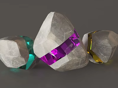 Natural Stone and Wood Pieces with Colorful Transparent Middle Sections in Green Purple Yellow 3d model