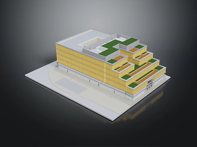Modern Terraced Building With Yellow Facade Multi Level Green Roof Terraces 3d model