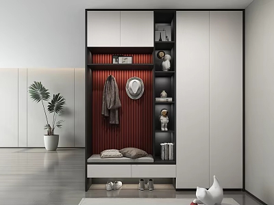 Modern Shoe Cabinet With Red Striped Background Coat Hat Hanging Shoe Storage Area And Decorations 3d model