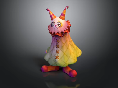 Colorful Clown Creature Character Featuring Pointed Hats Ruffled Collar Diamond Pattern Cape And Striped Shoes 3d model